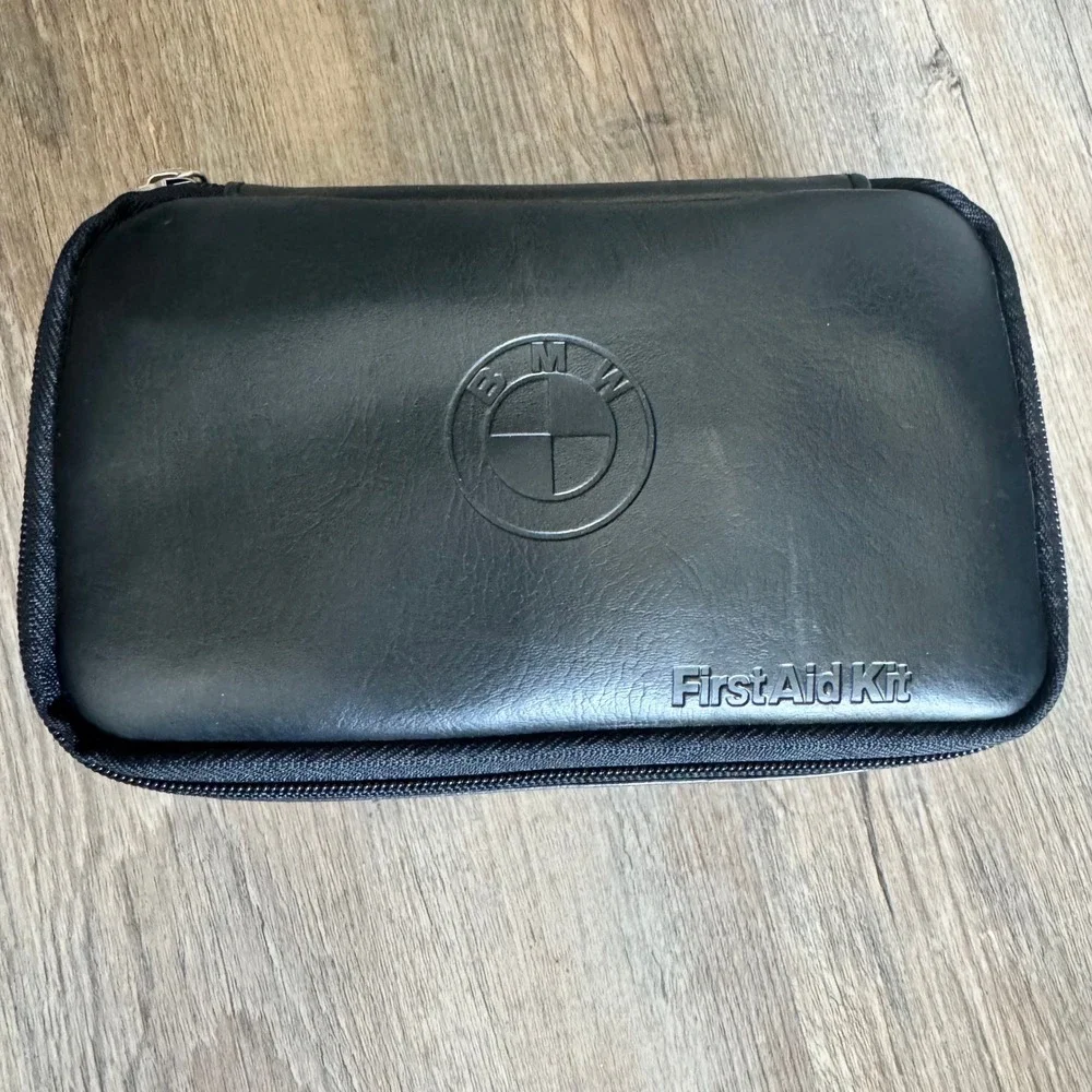 BMW Black Faux Leather First Aid Kit Pouch Zippered Automotive Organizer Bag